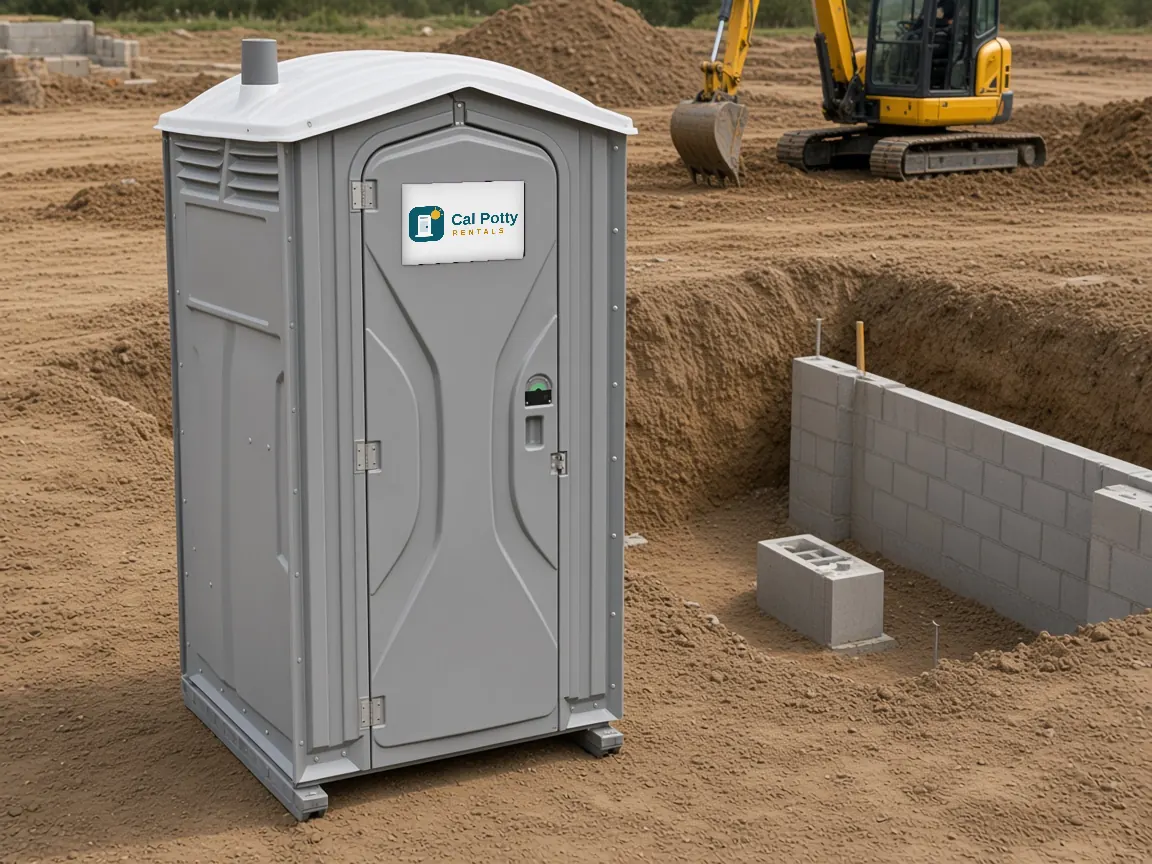 A grey porta potty at a foundation excavation with a block wall and an excavator behind