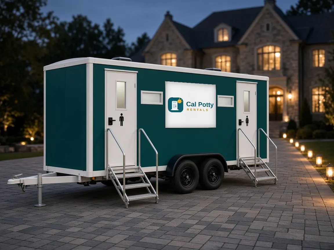 A teal and white restroom trailer on a paver driveway at dusk in front of a stone mansion with path lighting