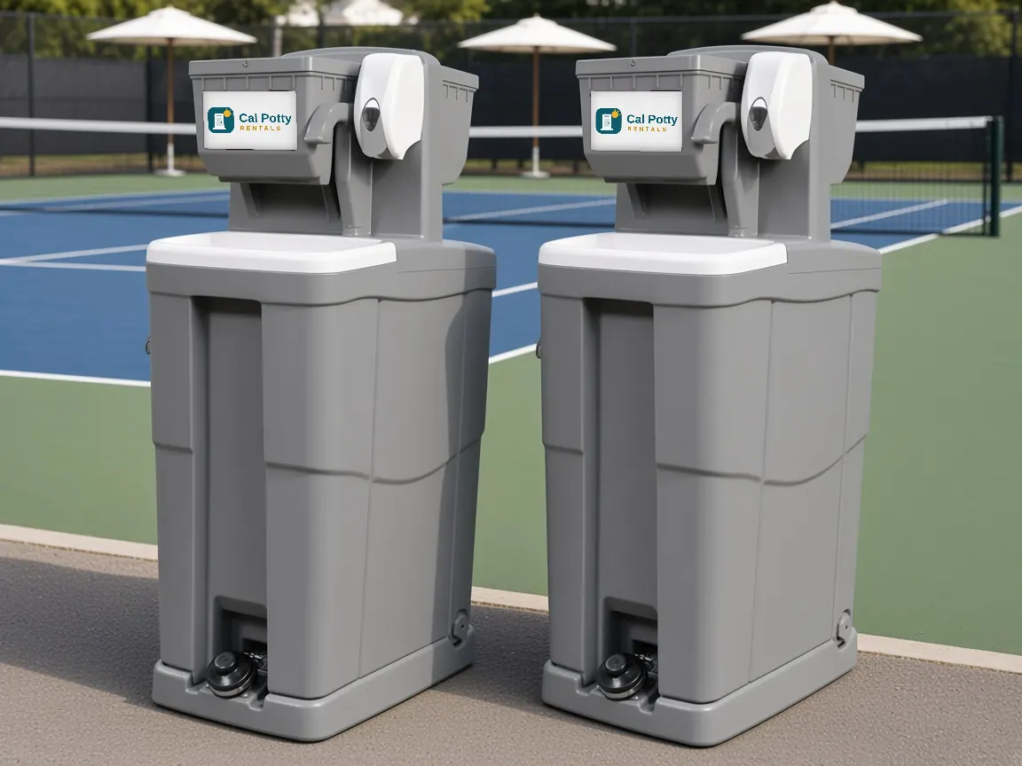 Two grey handwashing stations beside a tennis court