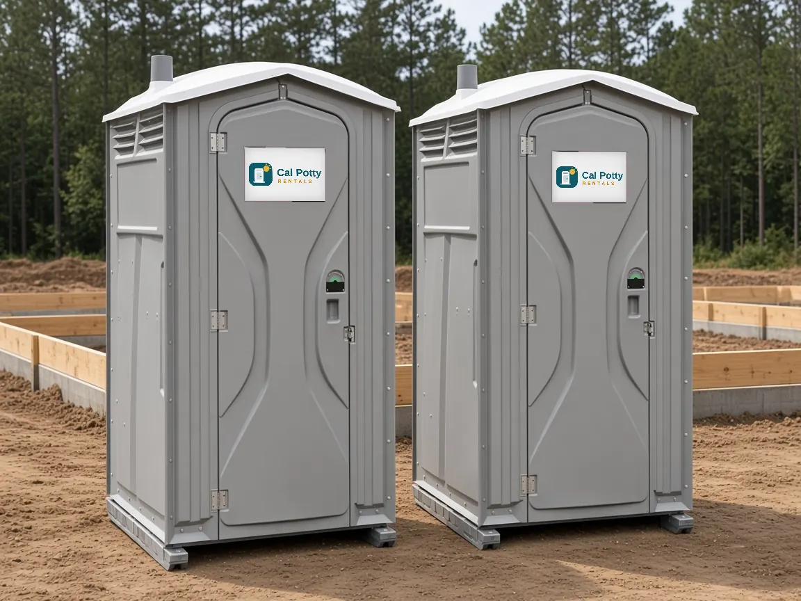 Two grey porta potties at a construction site with wooden formwork and trees behind